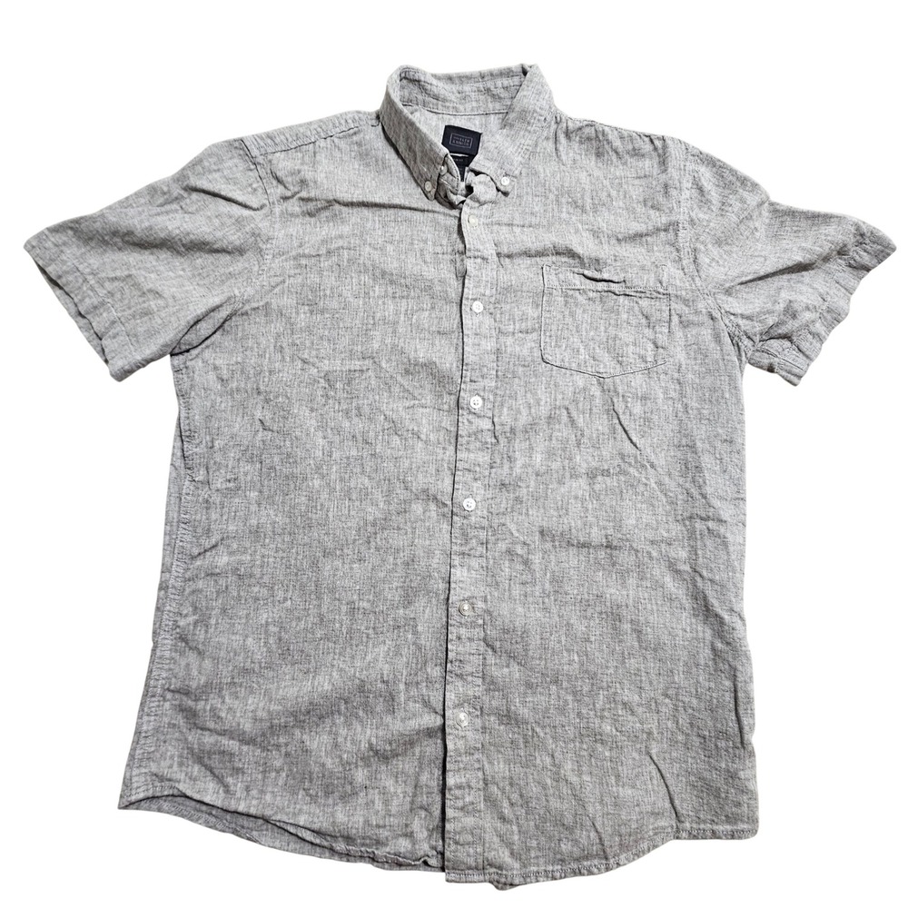 14th & Union Button Down Shirt Mens Large Grey Linen Blend Trim Fit Short Sleeve
